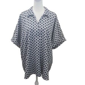 J. Jill Wearever Collection Geometric Navy and White Blouse. Short Sleeve. Sz 2X